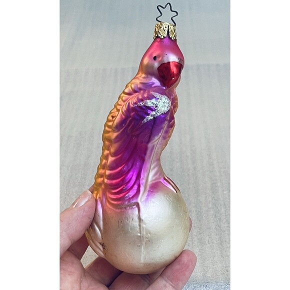 Vintage German Blown Glass Pink Parrot Bird on Ball Ornament ~5.5" - Picture 2 of 10